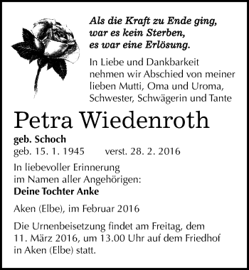 Traueranzeige von Petra Wiedenroth von Mitteldeutsche Zeitung Köthen