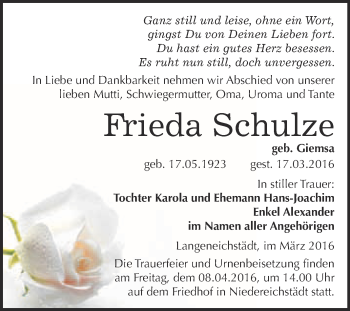 Traueranzeige von Frieda Schulze von WVG - Wochenspiegel Merseburg