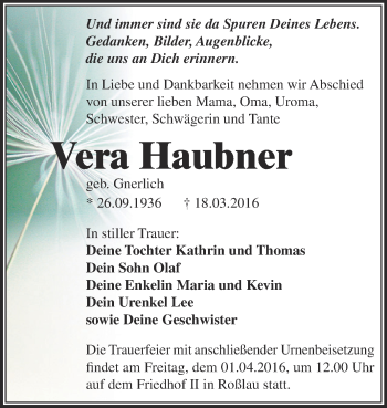 Traueranzeige von Vera Haubner von WVG - Wochenspiegel Dessau / Köthen