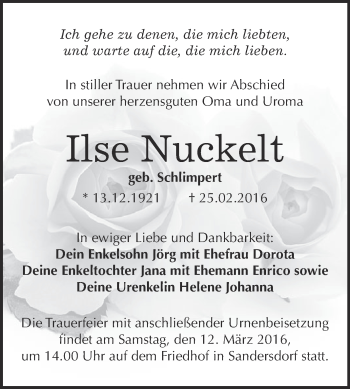 Traueranzeige von Ilse Nuckelt von WVG - Wochenspiegel Bitterfeld