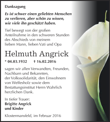 Traueranzeige von Helmuth Angrick von Wochenspiegel Mansfelder Land