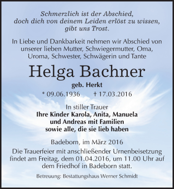 Traueranzeige von Helga Bachner von Mitteldeutsche Zeitung Quedlinburg