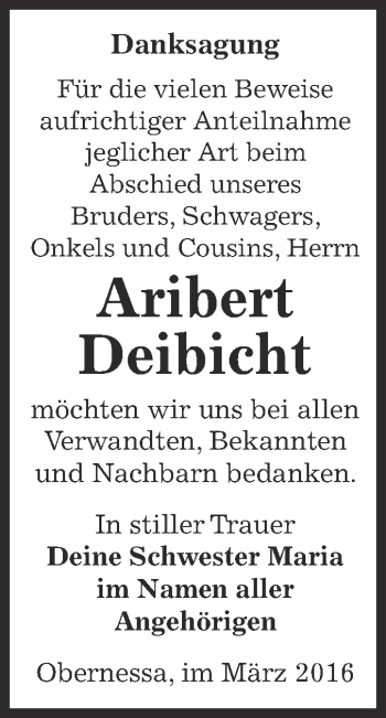 Traueranzeige von Aribert Deibicht von WVG - Wochenspiegel NMB / WSF / ZTZ