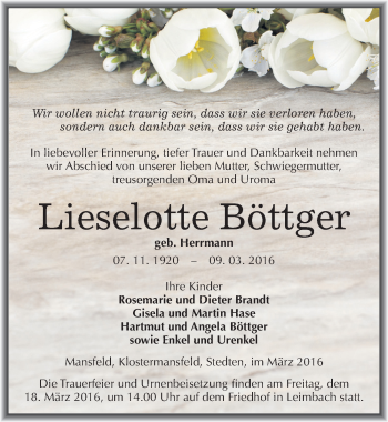 Traueranzeige von Lieselotte Böttger von Mitteldeutsche Zeitung Mansfelder Land