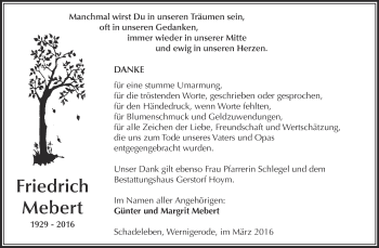 Traueranzeige von Friedrich Mebert von Super Sonntag Aschersleben