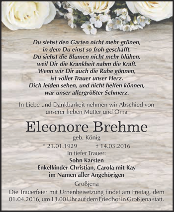 Traueranzeige von Eleonore Brehme von WVG - Wochenspiegel NMB / WSF / ZTZ