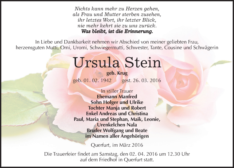  Traueranzeige für Ursula Stein vom 31.03.2016 aus Mitteldeutsche Zeitung Merseburg/Querfurt
