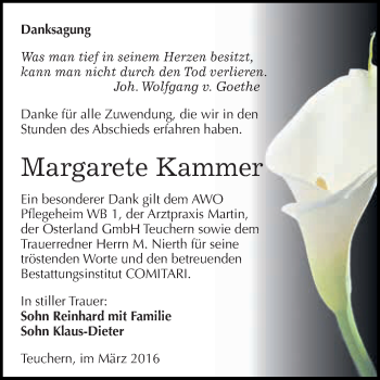 Traueranzeige von Margarete Kammer von WVG - Wochenspiegel NMB / WSF / ZTZ