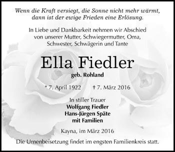 Traueranzeige von Ella Fiedler von Mitteldeutsche Zeitung Zeitz