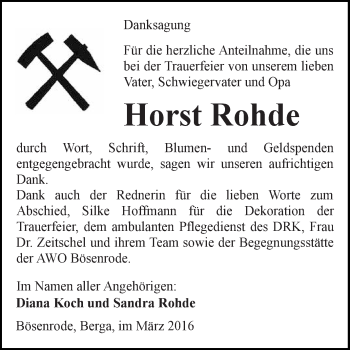 Traueranzeige von Horst Rohde von WVG - Wochenspiegel SGH
