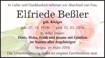 Traueranzeige von Elfriede Beßler von WVG - Wochenspiegel Merseburg