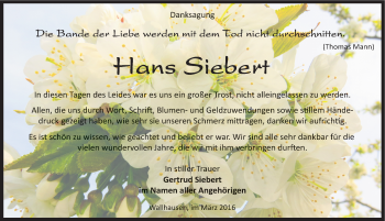 Traueranzeige von Hans Siebert von Mitteldeutsche Zeitung Sangerhausen