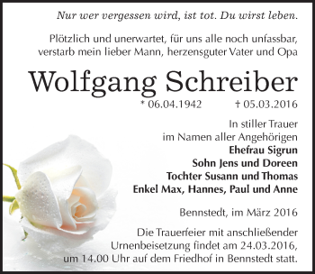 Traueranzeige von Wolfgang Schreiber von Mitteldeutsche Zeitung Halle/Saalkreis