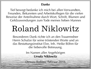 Traueranzeige von Roland Niklowitz von Mitteldeutsche Zeitung Dessau-Roßlau