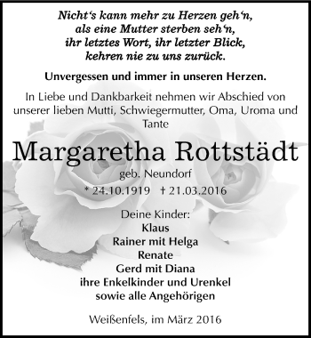 Traueranzeige von Margaretha Rottstädt von Mitteldeutsche Zeitung Weißenfels