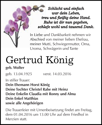 Traueranzeige von Gertrud König von WVG - Wochenspiegel Dessau / Köthen