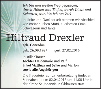 Traueranzeige von Hiltraud Drexler von WVG - Wochenspiegel Merseburg