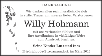 Traueranzeige von Willy Hohmann von Wochenspiegel Mansfelder Land