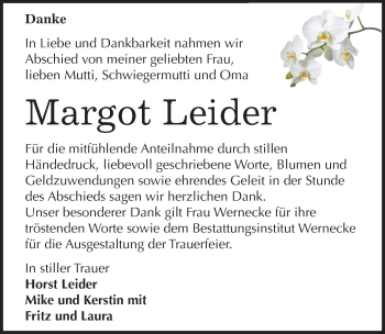 Traueranzeige von Margot Leider von Mitteldeutsche Zeitung Mansfelder Land