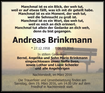 Traueranzeige von Andreas Brinkmann von Super Sonntag Aschersleben