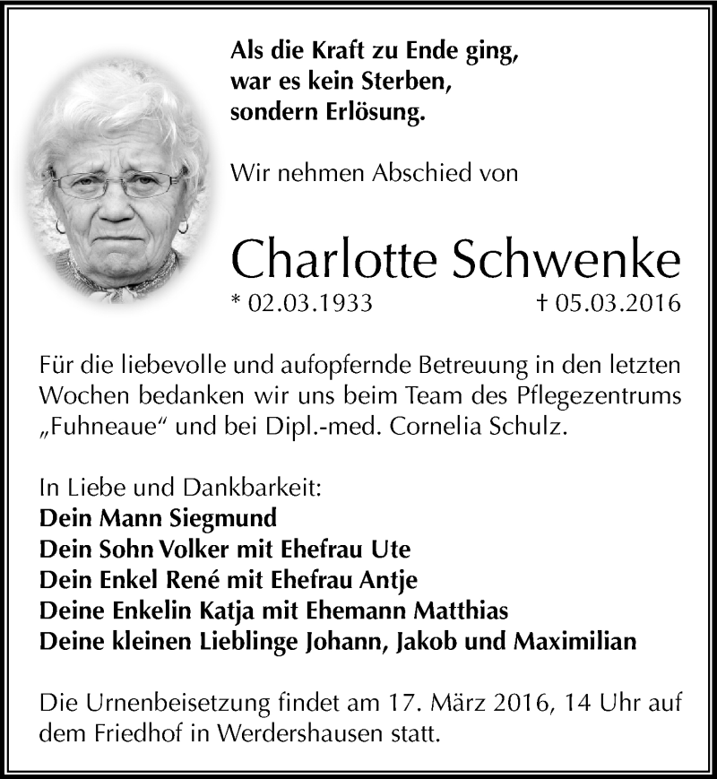  Traueranzeige für Charlotte Schwenke vom 09.03.2016 aus Mitteldeutsche Zeitung Köthen