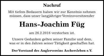 Traueranzeige von Hans-Joachim Füg von Mitteldeutsche Zeitung Aschersleben