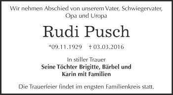 Traueranzeige von Rudi Pusch von WVG - Wochenspiegel Dessau / Köthen