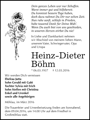 Traueranzeige von Heinz-Dieter Böhm von WVG - Wochenspiegel Wittenberg