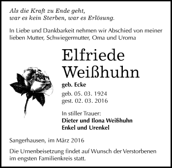 Traueranzeige von Elfriede Weißhuhn von Mitteldeutsche Zeitung Sangerhausen