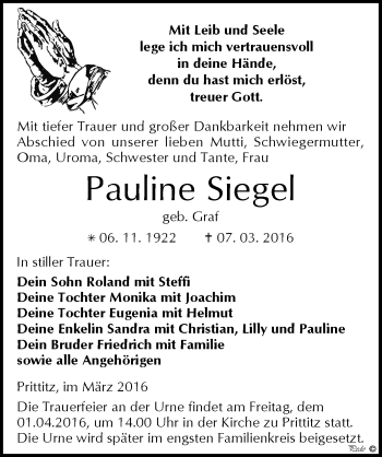 Traueranzeige von Pauline Siegel von Mitteldeutsche Zeitung Weißenfels