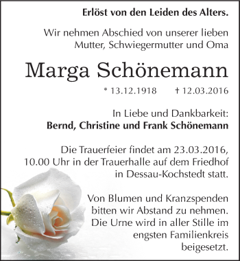Traueranzeige von Marga Schnemann von Mitteldeutsche Zeitung Dessau-Roßlau