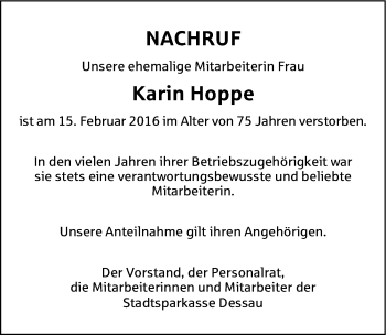 Traueranzeige von Karin Hoppe von Mitteldeutsche Zeitung Dessau-Roßlau