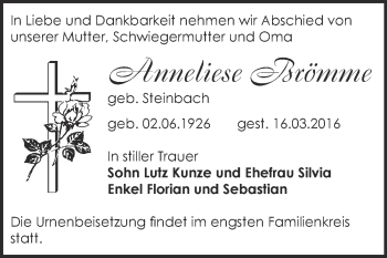 Traueranzeige von Anneliese Brömme von Super Sonntag Bernburg