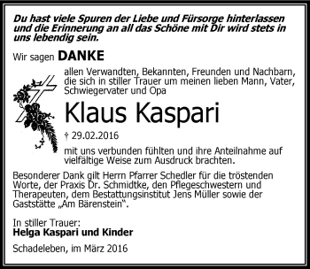 Traueranzeige von Klaus Kaspari von Mitteldeutsche Zeitung Aschersleben