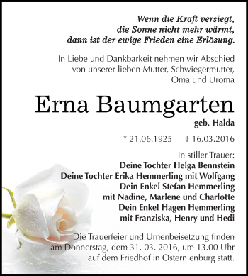 Traueranzeige von Erna Baumgarten von WVG - Wochenspiegel Dessau / Köthen
