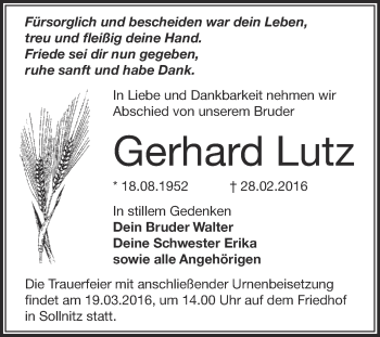 Traueranzeige von Gerhard Lutz von WVG - Wochenspiegel Dessau / Köthen