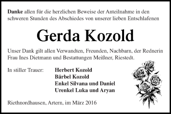 Traueranzeige von Gerda Kozold von Super Sonntag SGH Mansf. Land