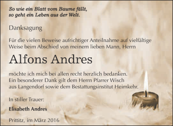 Traueranzeige von Alfons Andres von WVG - Wochenspiegel NMB / WSF / ZTZ