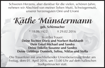 Traueranzeige von Käthe Münstermann von Mitteldeutsche Zeitung Halle/Saalkreis