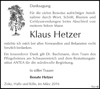 Traueranzeige von Klaus Hetzer von Super Sonntag Zeitz