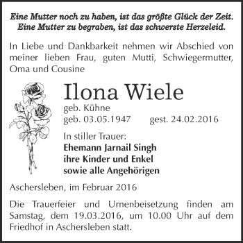 Traueranzeige von Ilona Wiele von Super Sonntag Aschersleben