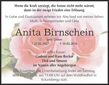 Traueranzeige von Anita Birnschein von WVG - Wochenspiegel NMB / WSF / ZTZ