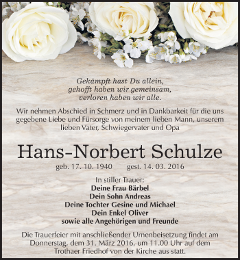 Traueranzeige von Hans-Norbert Schulze von Mitteldeutsche Zeitung Halle/Saalkreis