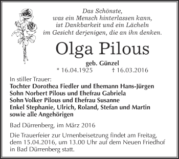 Traueranzeige von Olga Pilous von Super Sonntag Merseburg