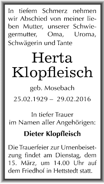 Traueranzeige von Herta Klopfleisch von Mitteldeutsche Zeitung Mansfelder Land
