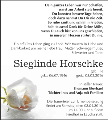 Traueranzeige von Sieglinde Horschke von WVG - Wochenspiegel NMB / WSF / ZTZ