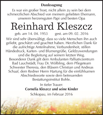 Traueranzeige von Reinhard Kleszcz von WVG - Wochenspiegel Merseburg