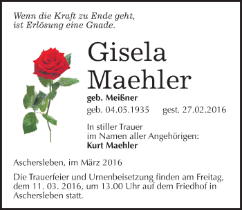 Traueranzeige von Gisela Maehler von Mitteldeutsche Zeitung Aschersleben