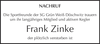 Traueranzeige von Frank Zinke von Super Sonntag Zeitz
