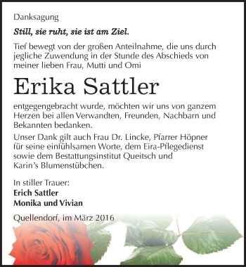 Traueranzeige von Erika Sattler von Mitteldeutsche Zeitung Köthen